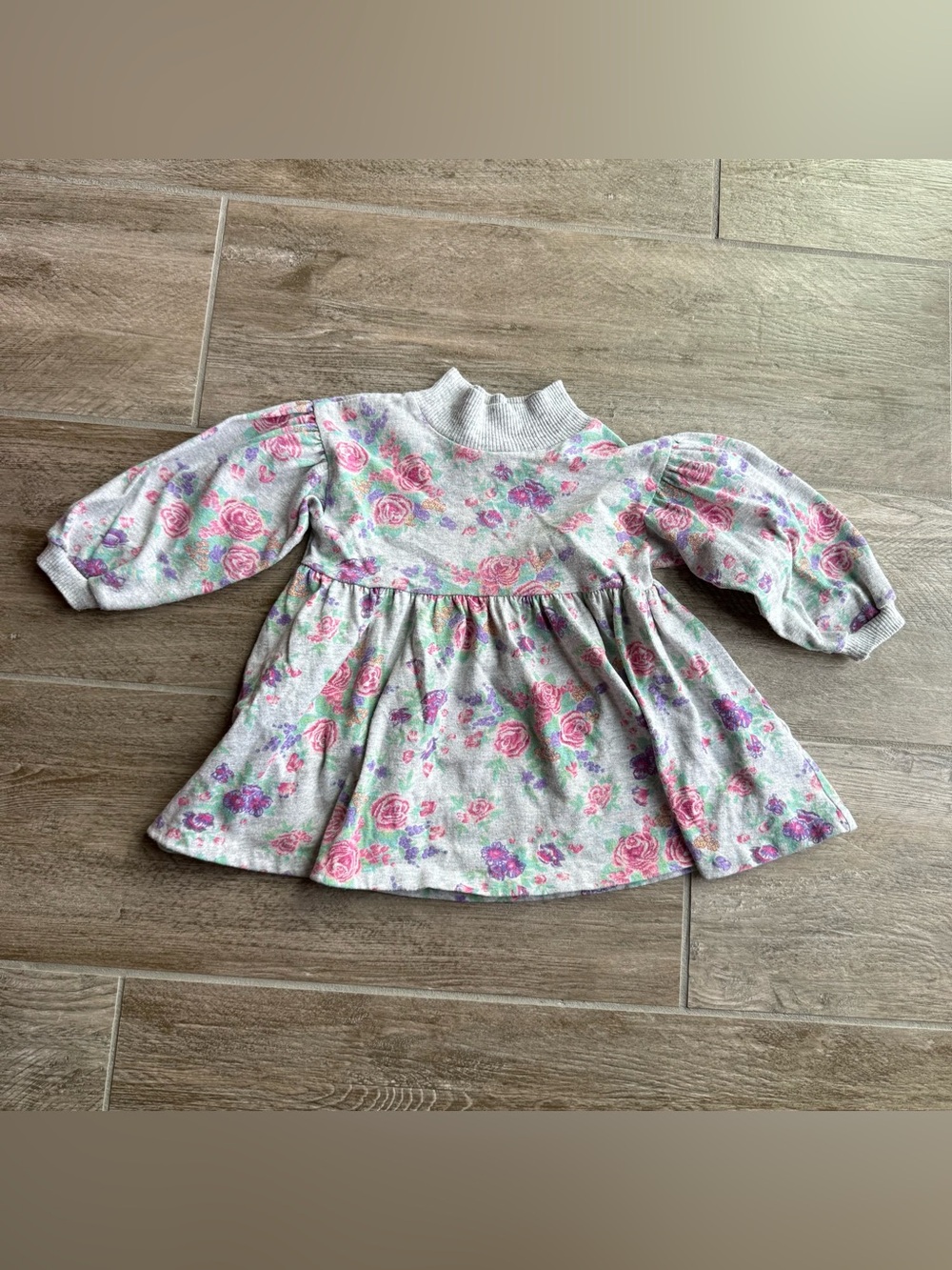 Vintage 90s Lightning Bug Girls Floral Sweatshirt Dress Puff Sleeve Cottagecore
